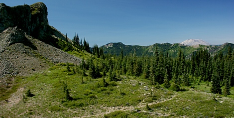 Mount Saint Helens peeking over a ridge as seen from the base of Juniper Peak in the Gifford Pinchot National Forest