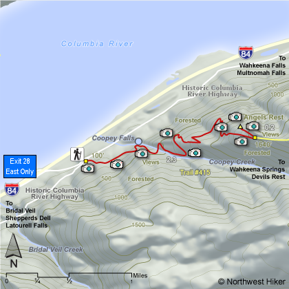 Coopey Falls, Angels Rest Hike map