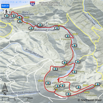 Multnomah Falls ~ Multnomah Creek <br> Larch Mtn ~ Sherrard Point Loop Hike map